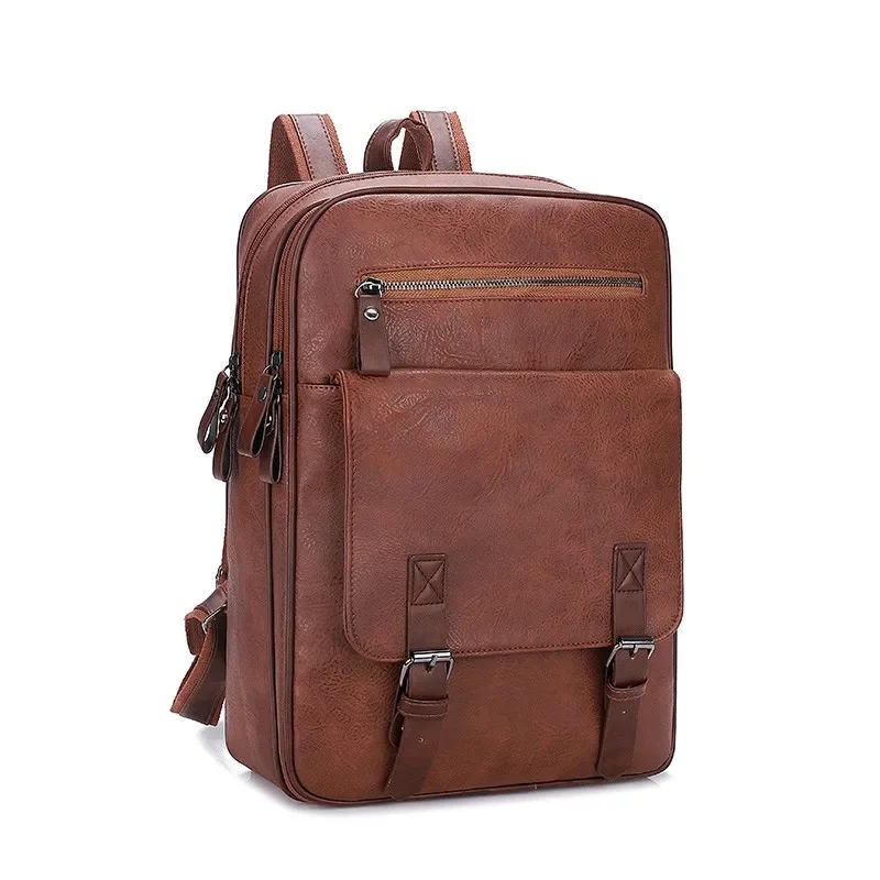 Vintage PU Leather Men Large Capacity Student School Bags For Boys Fashion Laptop Bag Man Sports Travel Backpack