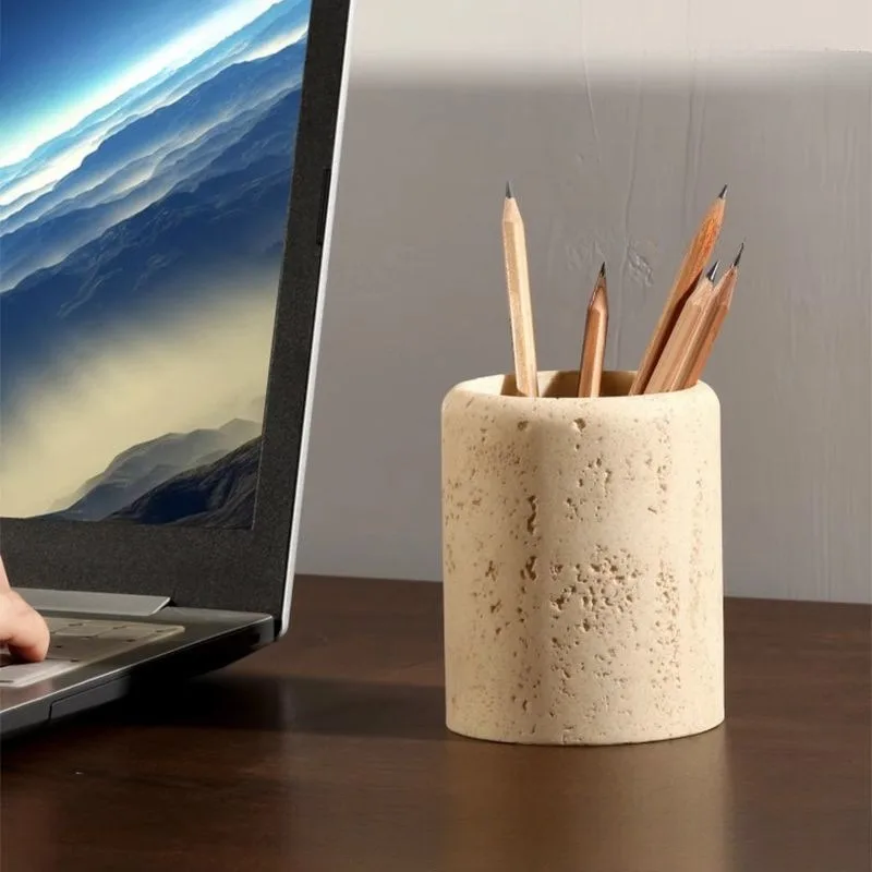 Travertine Stone Pen Holder, Luxury Office Desk Organizer, Minimalist Decorative Pen Stand for Desktop, Natural Stone Desktop
