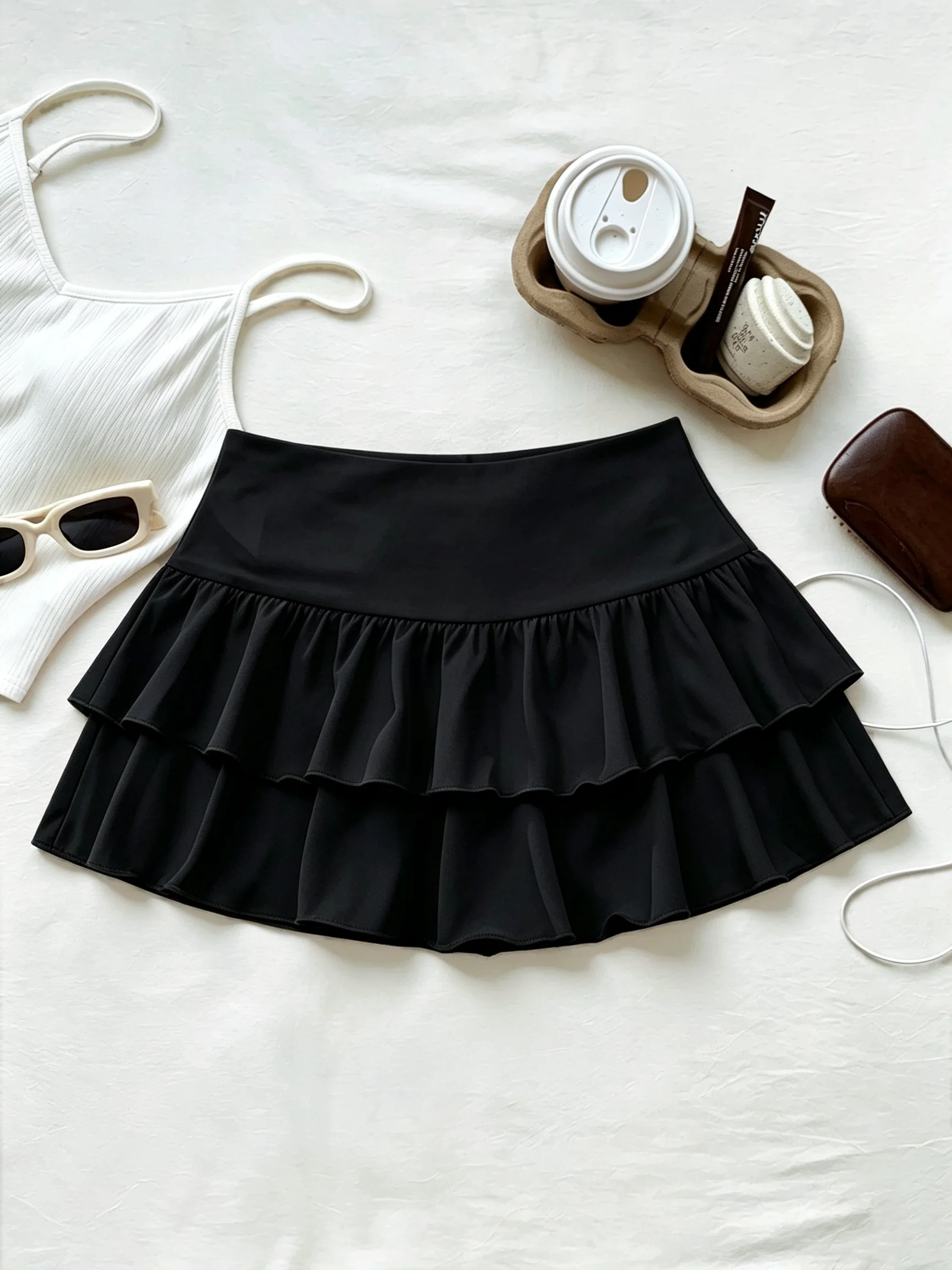 Women High Waist Ruffle Layered Mini Skirt Double Layer Tiered Short Skirt Y2K Sexy Sweet Casual Vacation Party Basic Skirt