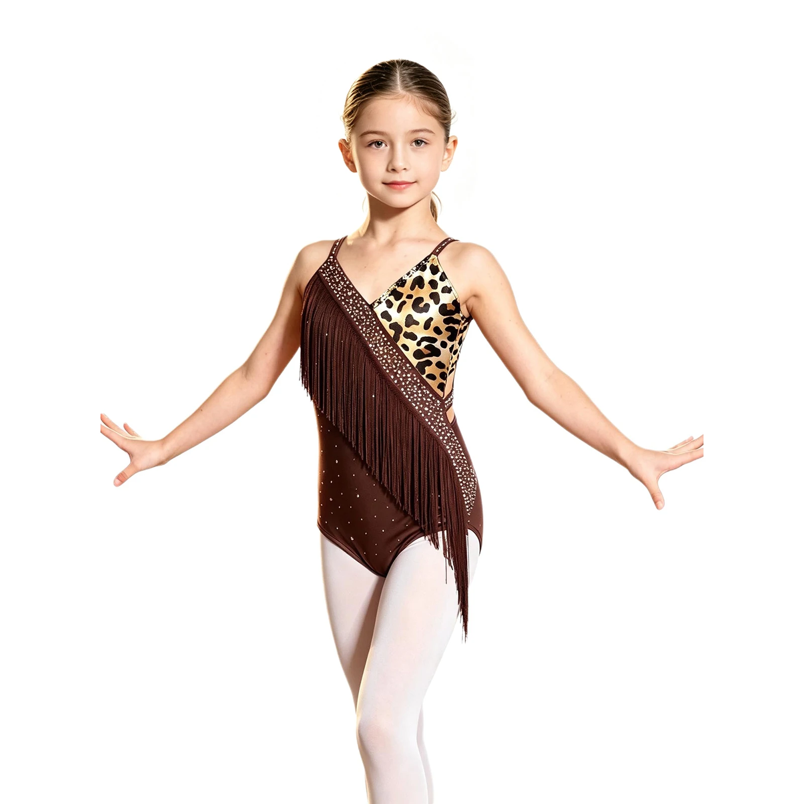 Kinder Mädchen Gymnastik- und Latein-Tanzanzüge, V-Ausschnitt Bodysuit mit Strass und Quasten, Dreieckiger Jumpsuit, Tanzkleidung – Detail 6