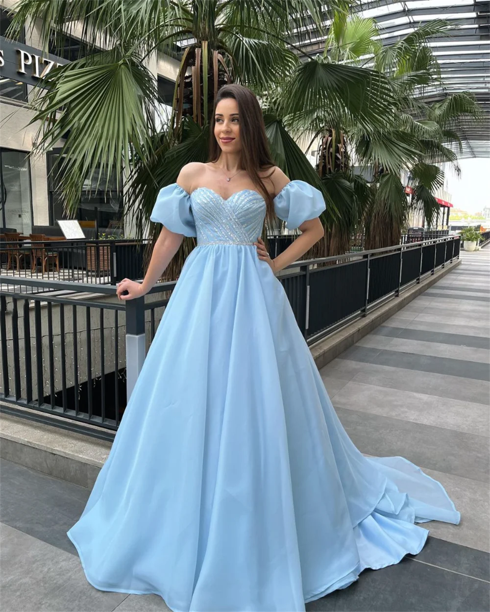 Annie gaun malam lengan Puff, gaun malam biru muda berpayet bahu terbuka, gaun pesta elegan untuk acara Formal