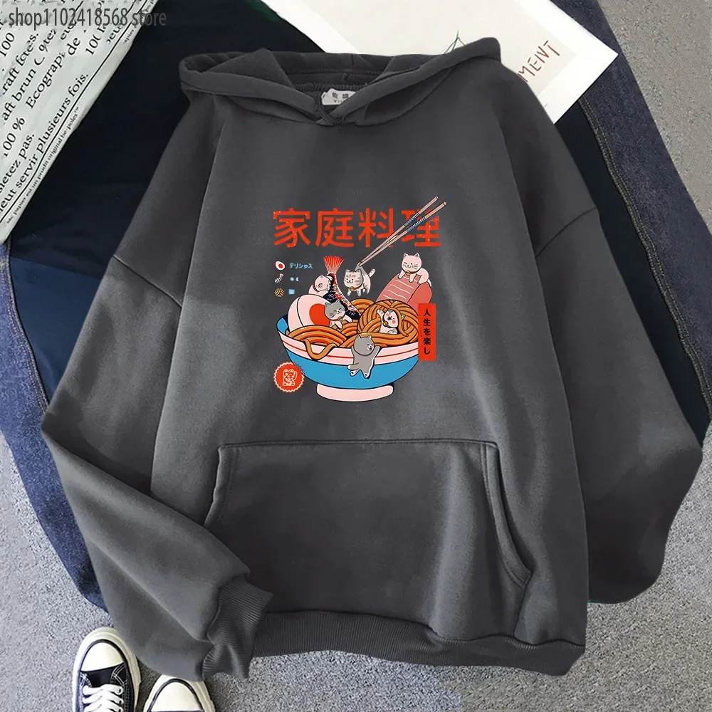 Ramen Cats Hoodie Women Japanese Anime Sweatshirts Autumn Winter Casual Men Fleece Long Sleeve Pullover Harajuku Kawaii Clothing