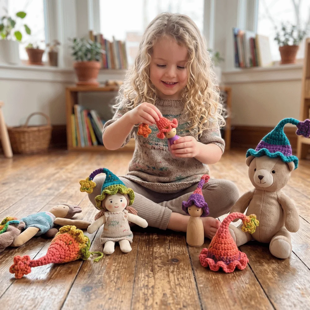 Freckles Hand-Crocheted Pullover Hat for Doll Knitted Colorful Doll Wizard Hat Star Design Warm Doll Elf Hat Witch