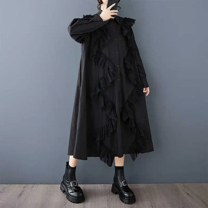 Hksh primavera outono nova camisa feminina vestido babados malha retalhos único breasted manga longa ins casual vestidos de grandes dimensões hk13768