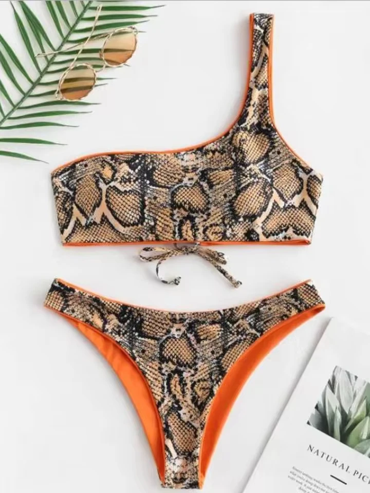 Vzvn Sexy One Shoulder Snake Pattern Bikinis Women Split Swimsuit Beach Bikini 2026 New All Season Backless Bikinis 2 Piece Set