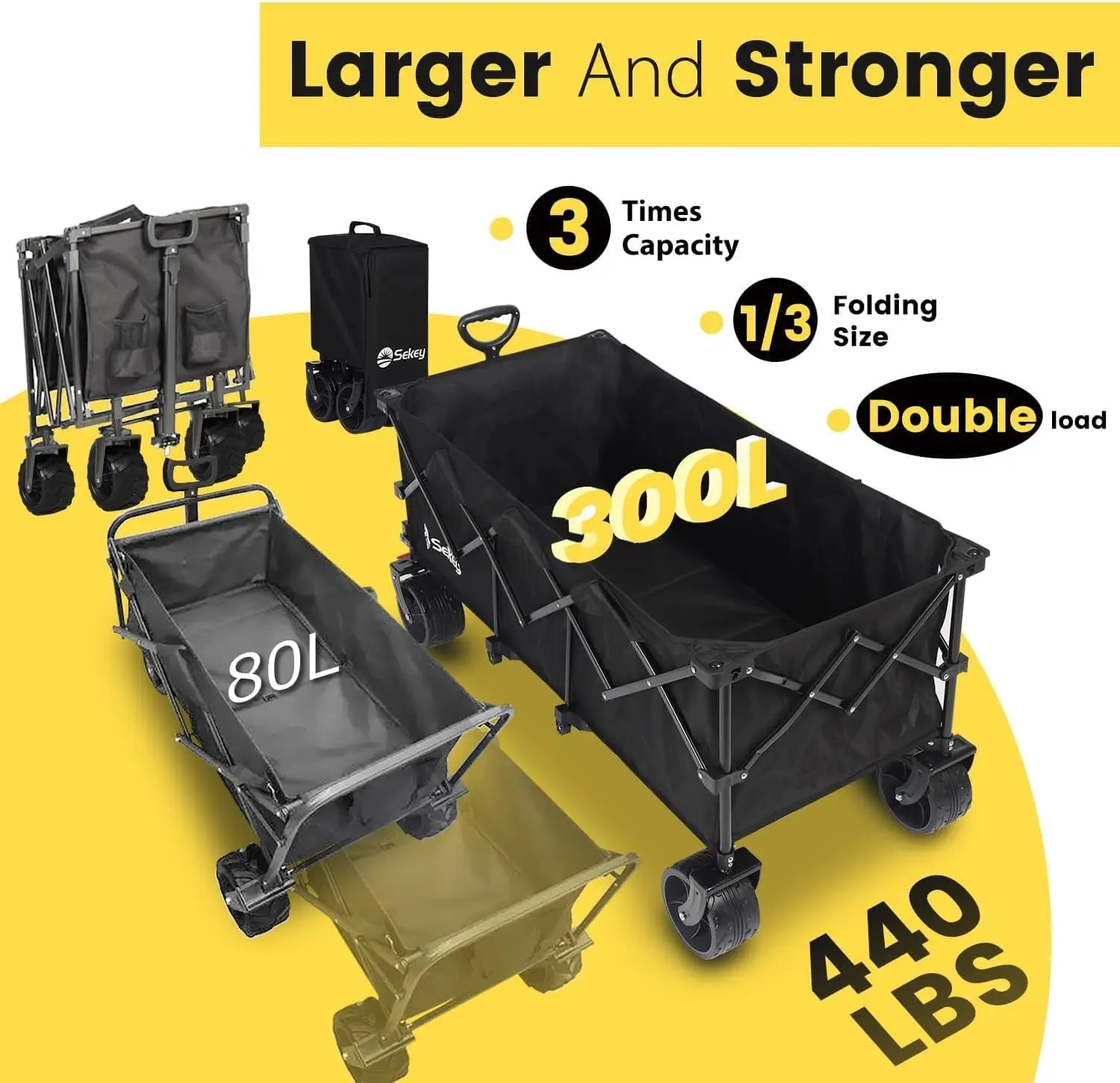 Garden and Beach Use, Collapsible Material, Black, 440lbs Capacity, All-Terrain Wheels, Drink Holders