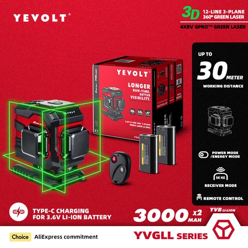 YEVOLT YVGLL4XS12TDP 시리즈 그린 레이저 레벨, 3 평면 12 라인 셀프 레벨링 360, 3D 수평 및 수직 3.6V 3Ah 전동 공구 