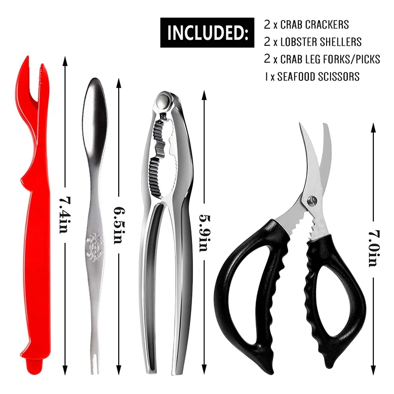 7 Pcs Seafood Tools Set Includes 2 Crab Crackers, 2 Lobster Shells, 2 Crab Forks/Pickles and 1 Seafood Scissors