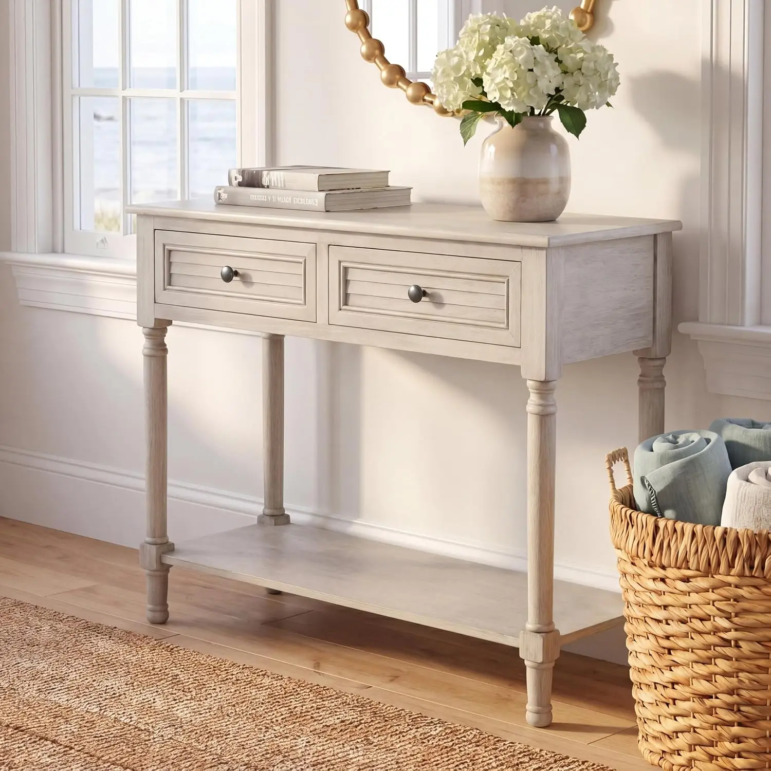 Home Collection – Tate Greige 2-Drawer Console Table with Shelf, Turned Leg Farmhouse Accent Console for Entryway or Living Room