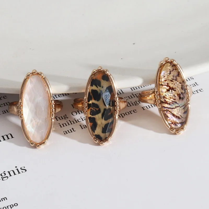 Trend Design Leopard Print White Abalone Shell Paper Oval Curved Geometric Gold Color Rings Brand Jewelry