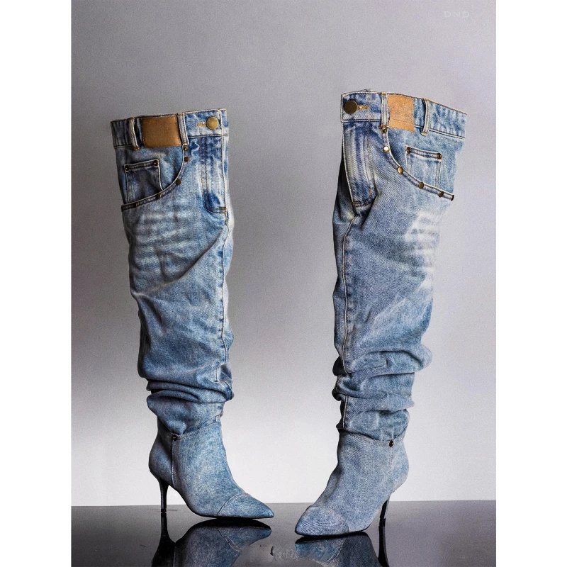 Vintage Washed Old Denim Pile Boots Women\'s 2024 Fashion Pointed Stiletto Western Women\'s Boots