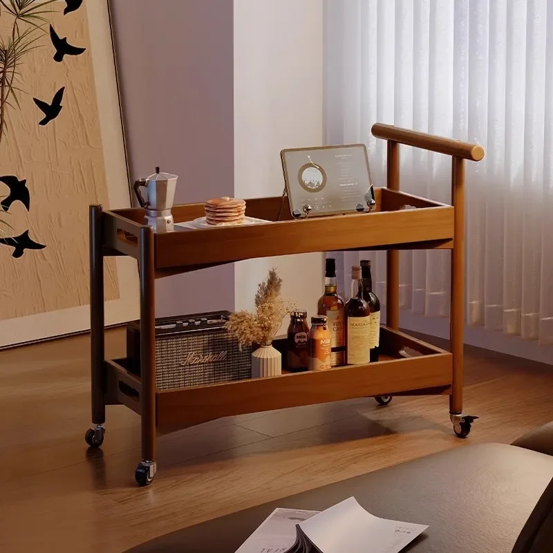 

Solid wood, mobile coffee table, medieval style, trolley, cabinet, living room, dining side tea cabinet, with wheels