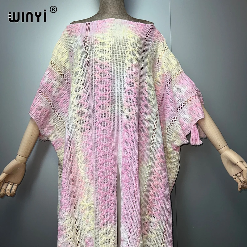 WINYI tie-dye print summer Hollow knit sexy Floor-sweeping dress Elegant  Bikini Cover-up Women Beach wear Swimsuit Covers dress
