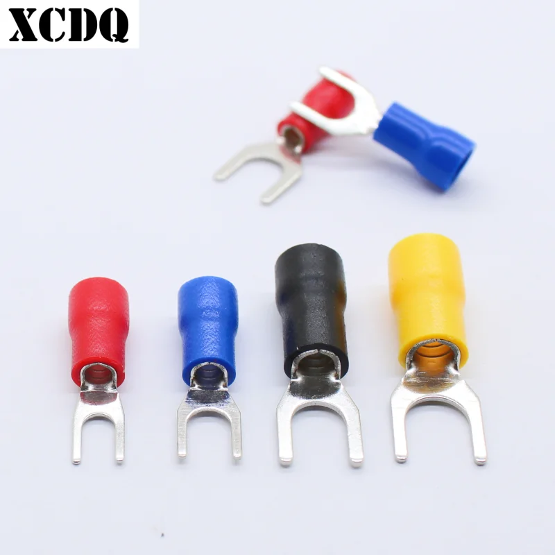 100pcs Wholesale Electrical Cable Terminals Wire Connection Crimp Brass Spade Terminal Block 22awg with Color Sleeve Cover
