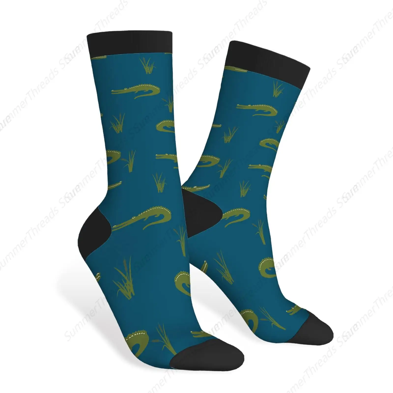 Crocodiles Funny Socks Cattails Reed and Alligators Wild Reptile River Fashion Nature Novelty Casual Crew Socks