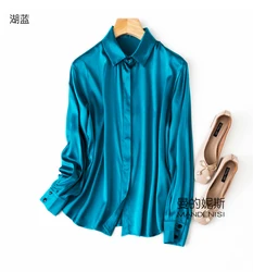 Women 95% Mulberry 5% Spandex 19 momme thick satin silk Shirt Top Blouse Long sleeves Solid Colors  MMM