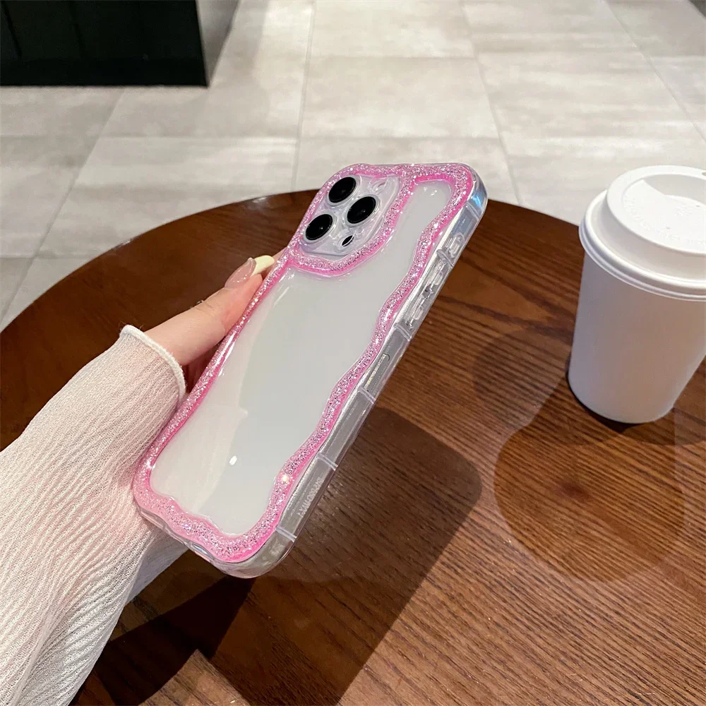 반짝이는 귀여운 웨이브 테두리 실리콘 소프트 폰 케이스 아이폰 16 15 14 13 12 11 프로 맥스 플러스 소녀용 투명 커버 충격 방지 쉘