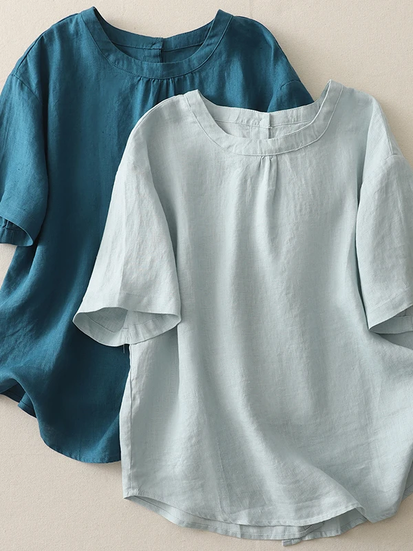 

Retro Color Woven Shirt Women's plus Size Slimming Versatile round Neck Short Sleeve Casual Fashion Breathable Summer Top
