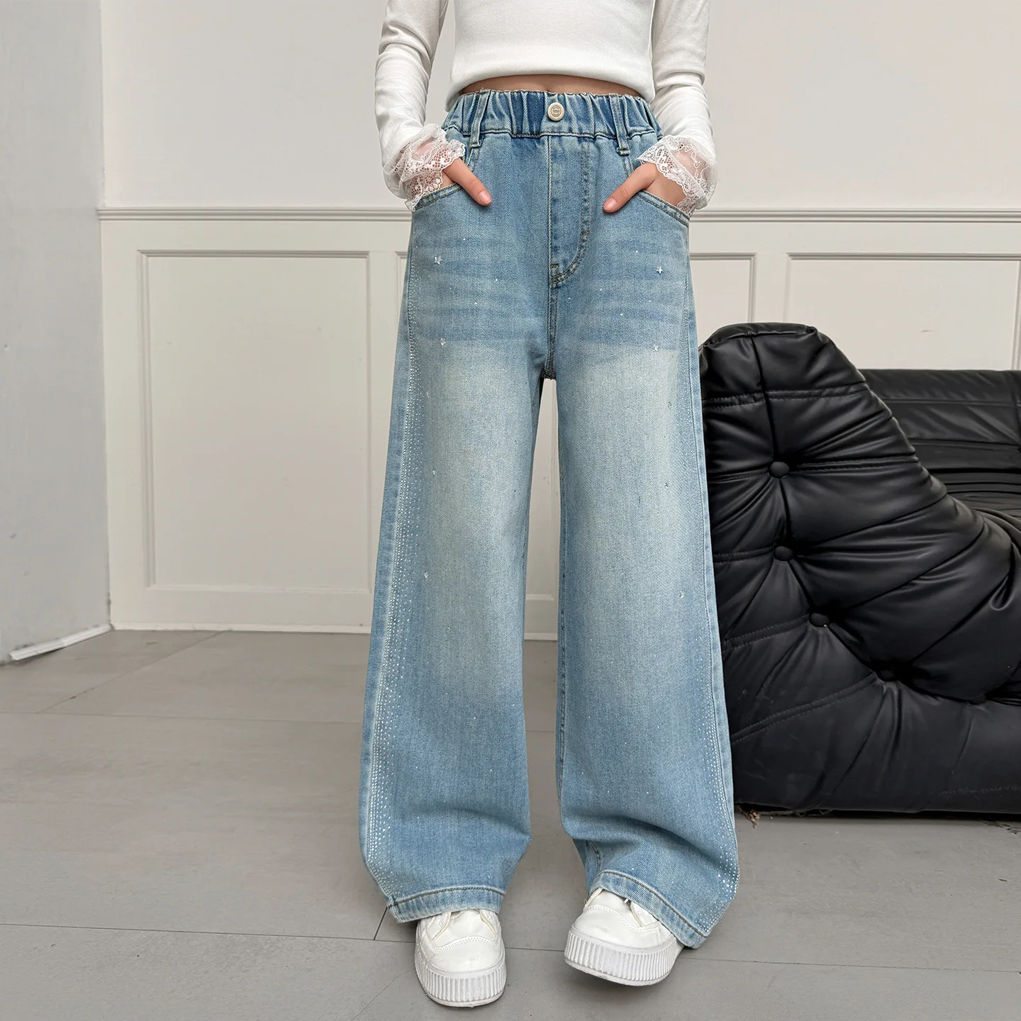 Teen Girls High Waist Wide Leg Jeans Loose Fit Casual Rhinestone Embellished Denim Trousers Spring Autumn Kids Fashion Clothing