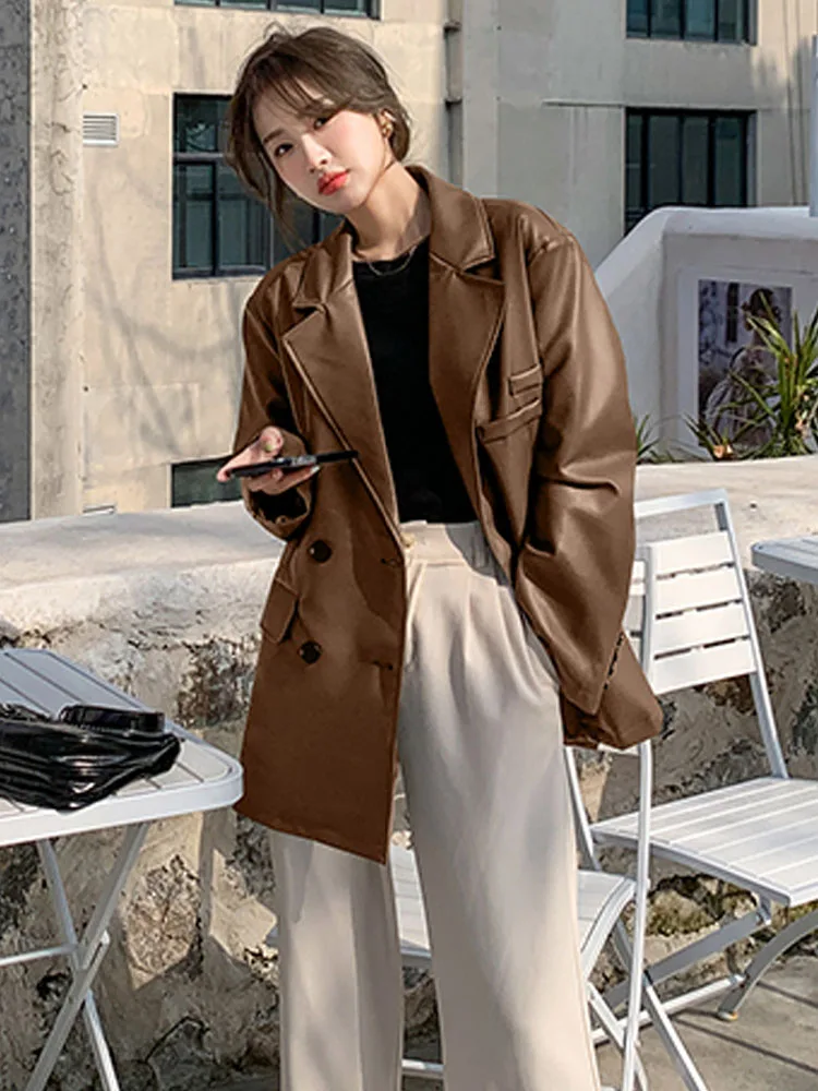 Korean Leather Moto Jacket Women Vintage Warm Loose Leather Suit Blazers Female Streetwear Casual Fashion Trend Thin Biker Coats