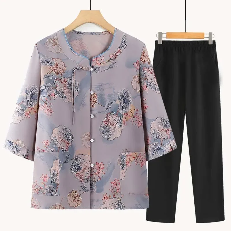 

Women's Chinese Style Floral Print 2 Piece Set 3/4 Sleeve Blouse & Pants Casual Summer Outfit