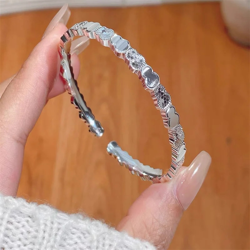 OUYADI 999 Fine Silver Gourd Shards Ice Open Cuff Bangle Women High‑End Versatile Adjustable Silver Bracelet Jewelry Gift