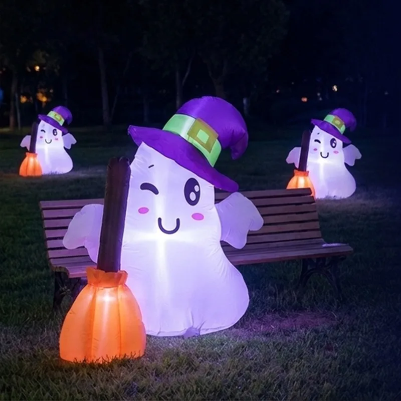 1.2M Halloween Inflatable White Ghost Model with Wizard Hat and LED Light  Outdoor Yard Decoration Ornament