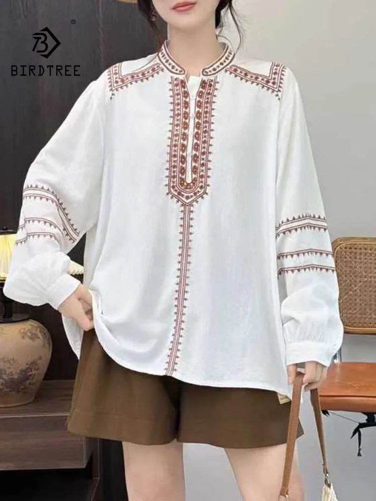 

New 2025 Winter Cotton Long Sleeve Shirt, Women Stand Geometry Embroidery, Mori Girl Preppy Style Commute Loose Blouse T5N950CC