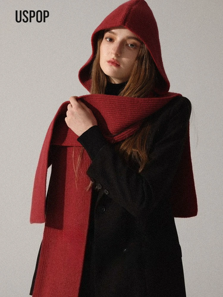 USPOP Winter Knit Hooded Scarf Women Warm Balaclava Style Beanie Shawl Elegant Solid Color Poncho Wrap