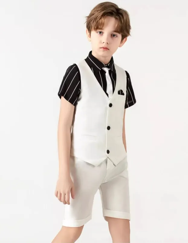 Back To School Kids Vest Shirt Shorts Tie Wedding Suit Teenager Boys WaistCoat Tuxedo Dress Children Photograph Party Costume