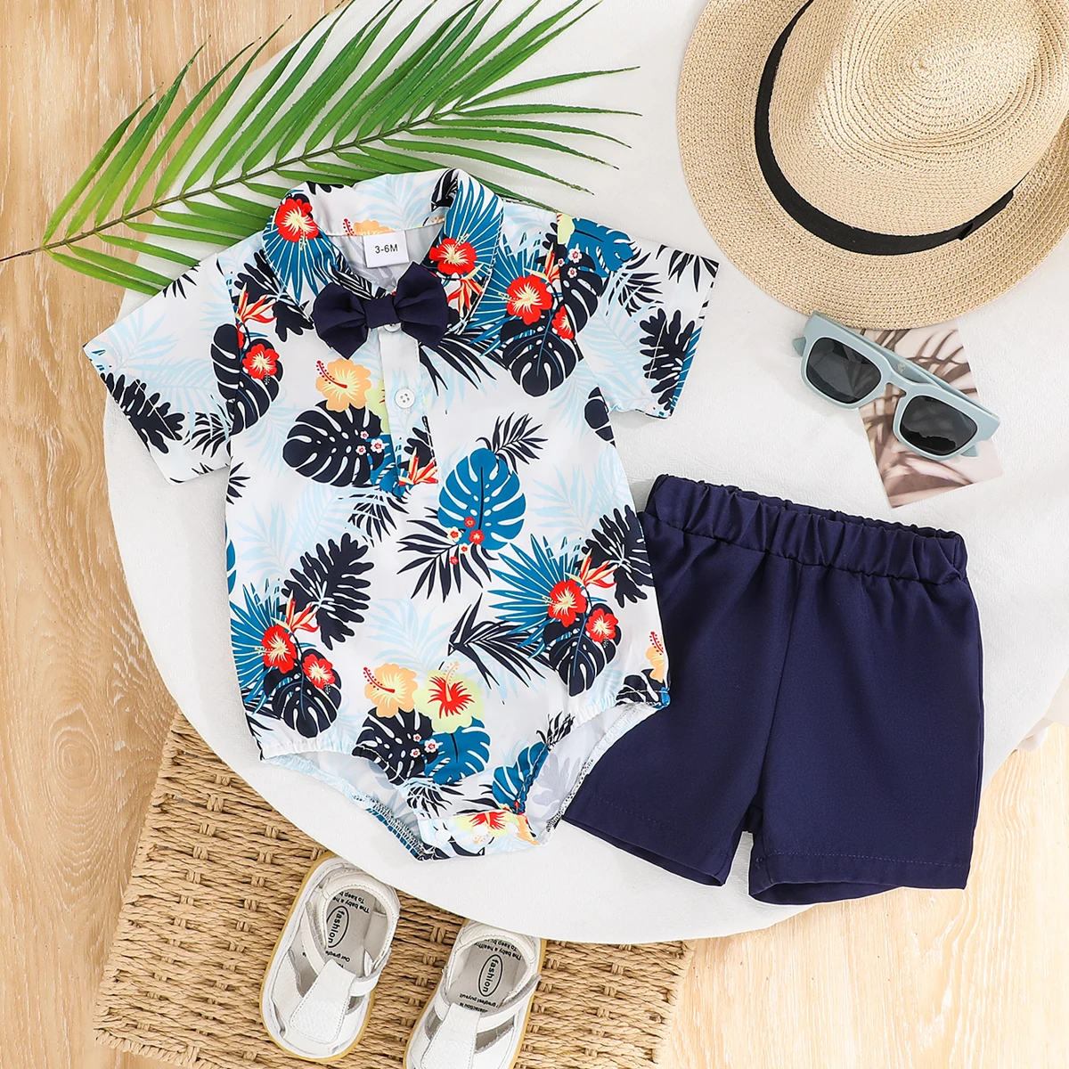 

3-24 months summer baby boy print seaside vacation gentlemanly style bow tie with flip collar, short sleeved crawling suit, two