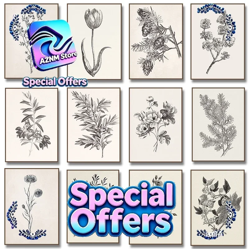 Póster con Dibujo de Ramas de Olivo, Flor de Manzanilla y Ajo, Impresión Vintage de Dibujo Botánico en Lienzo para Decoración de Cocina