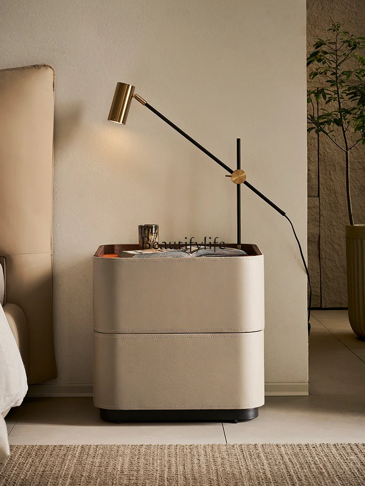 Minimalist saddle leather bedside table modern household small apartment multi-functional solid wood