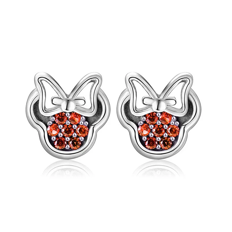 Disney Crystal Zircon Minnie Mouse Stud Earrings for Women Jewelry Disney Earring Girls Fine Silver Color Mickey Mouse Ear Studs