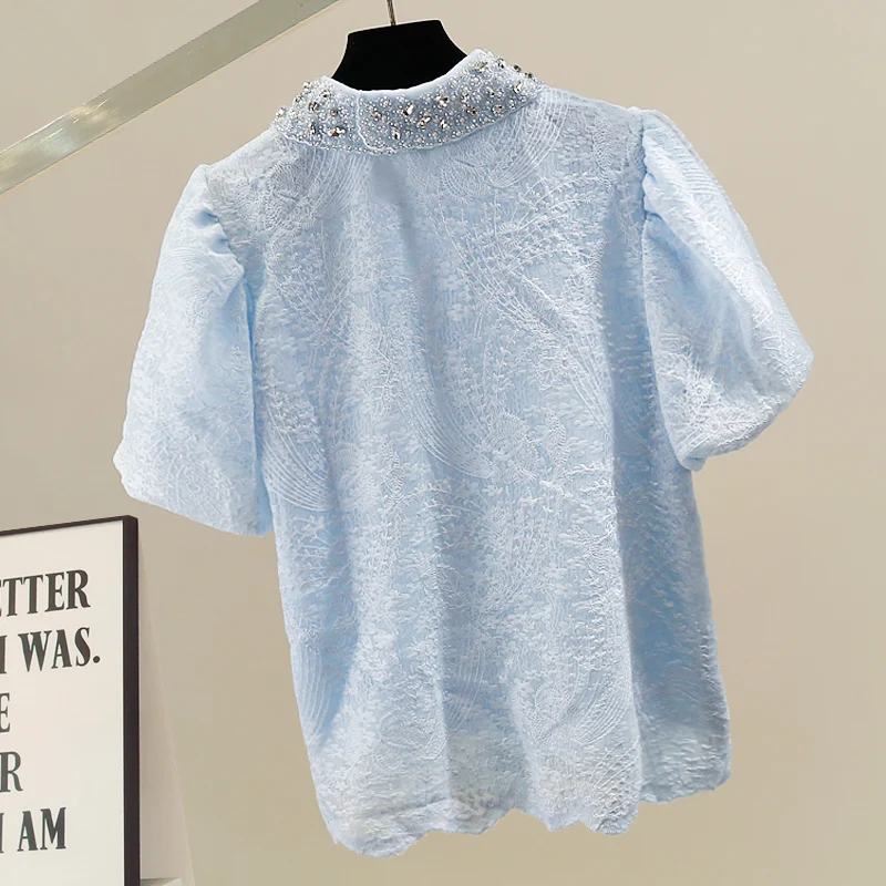 

Faionable Korean Sle Doll Collar Bubble Sve irt Женский ort Sve Top Ele Design Heavy Embelliment Commute ...