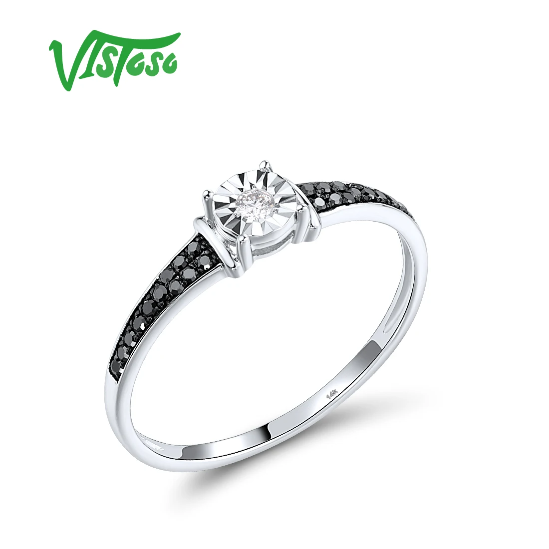 VISTOSO Authentic 14K 585 White Gold Rings For Women White Black Diamond Dainty Wedding Anniversary Party Gifts Fine Jewelry