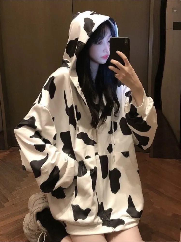 Autumn coat new cow black and white sweater hooded long-sleeved loose and simple all-match student boys and girls fashion tops