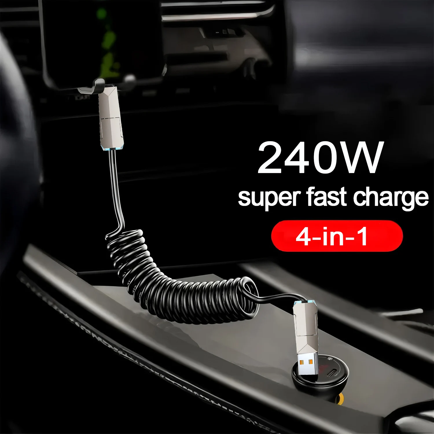 PD 240W 4 in 1 Spring Data Cable Fast Charging for IPhone Huawei Samsung Xiaomi Laptop Tablets Multi Ports Type C USB Data Cord