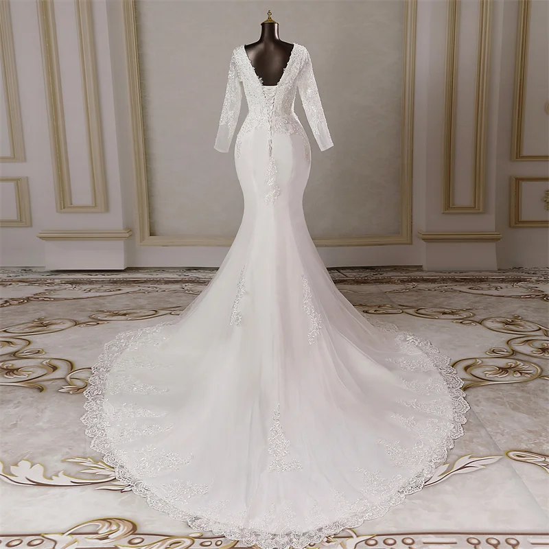 Tay Dài Thanh Lịch Táo Nàng Tiên Cá Áo Cưới Hôn Nhân Đầm Cô Dâu Đầm Vestidos De Novia Đầm Nữ Tiệc Cưới