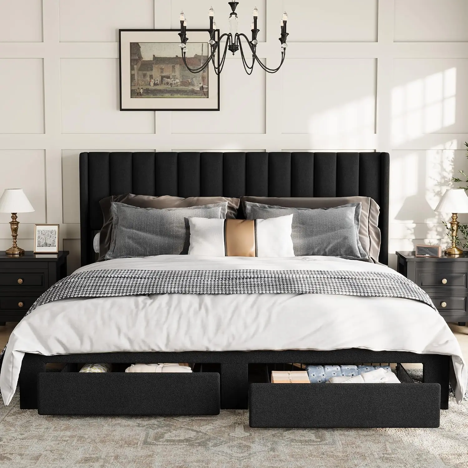 Velvet Wingback Bed King Size Storage Drawers Black, Customized