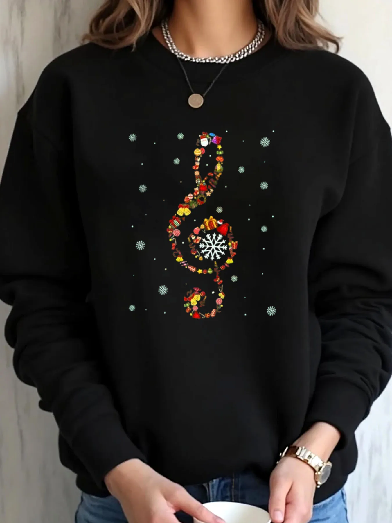 Women Oversized Sweatshirt Christmas Music Note Print Outdoor Wear