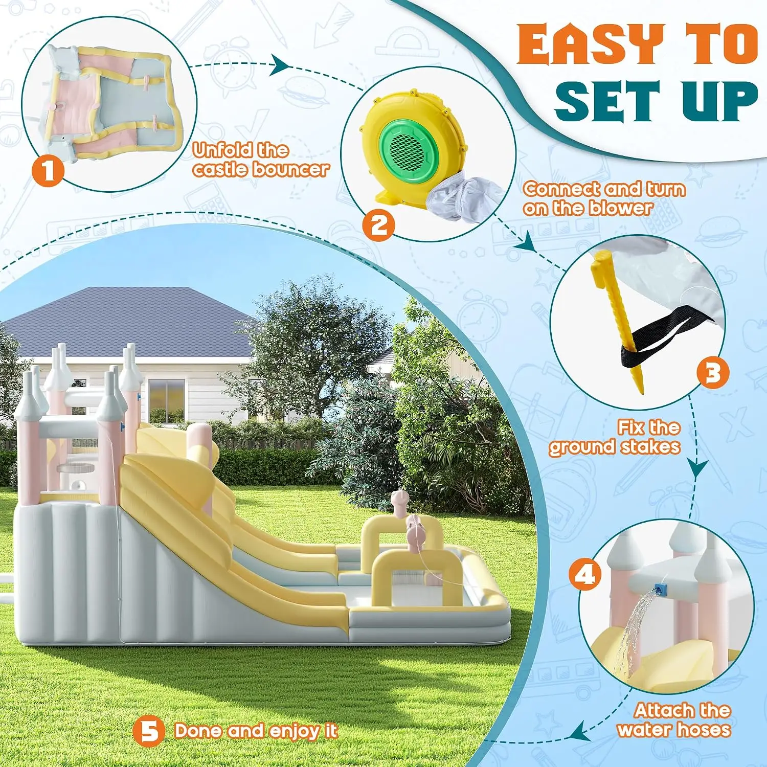 Inflatable Bounce House 177x163x94 Inch Outdoor Indoor Jumper with Water Slide Jumping Area Climbing Wall And Splash Pool view 3