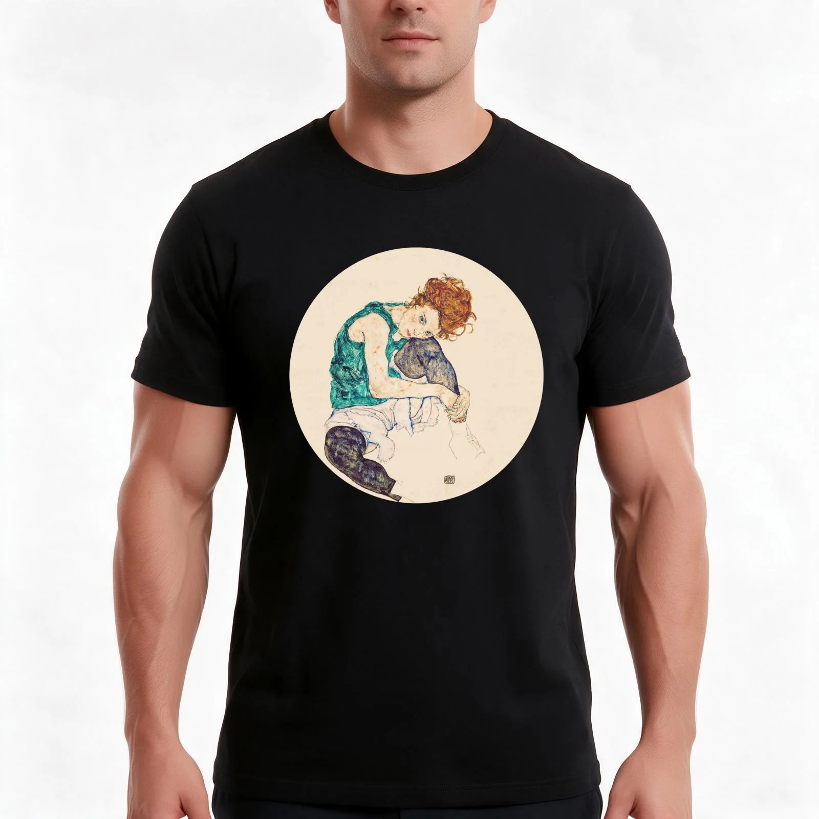 HD Seated Woman With Legs Drawn Up  by Egon Schiele - HIGH DEFINITION T-Shirt Summer Casual Cotton Tee Vintage Graphic Print