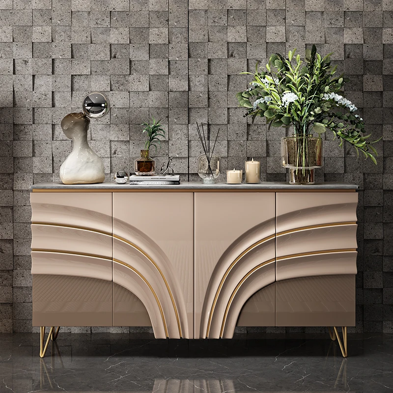 

Italian light luxury dining side cabinet rock slab medieval foyer solid wood multi-layer board entrance cabinet shoe large