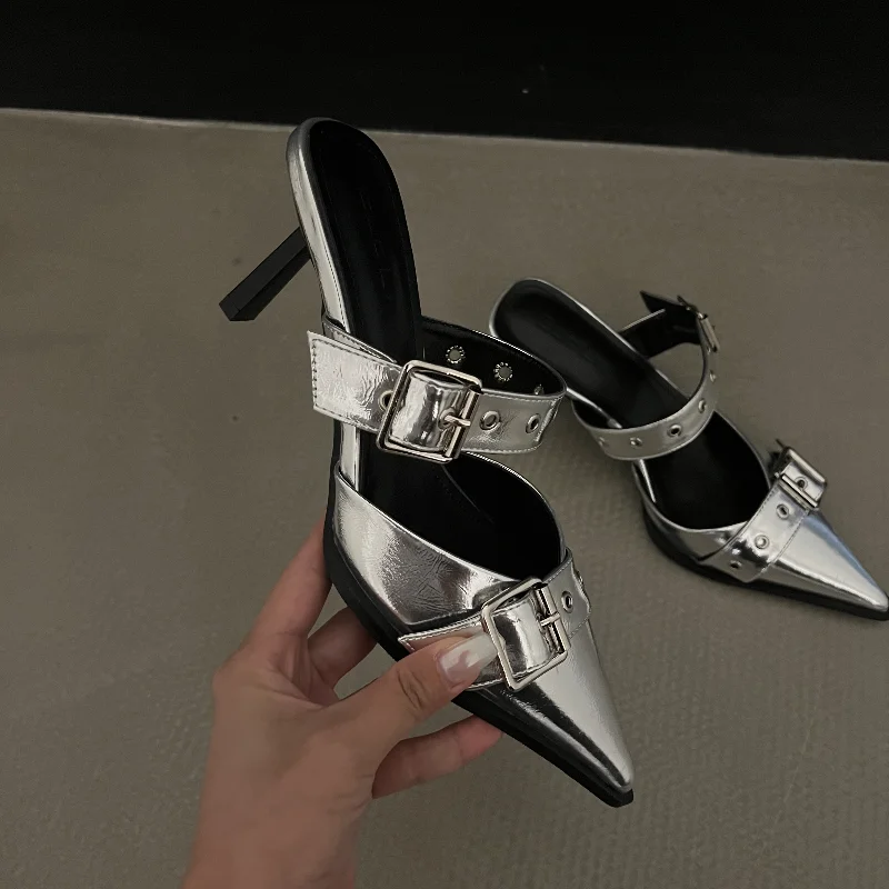 Punk Goth Metal Buckle High Heels Women\'s Sandals Summer 2024 Pointed Toe Silver Party Shoes Fashion Womens Pumps Shoes