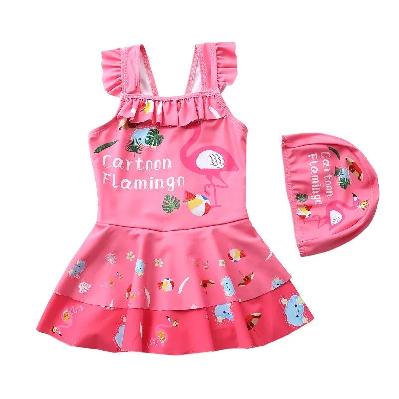 HappyFlute New One-piece Children Flat Angle Double Skirt With Swimming Cap  Girl Swimsuit