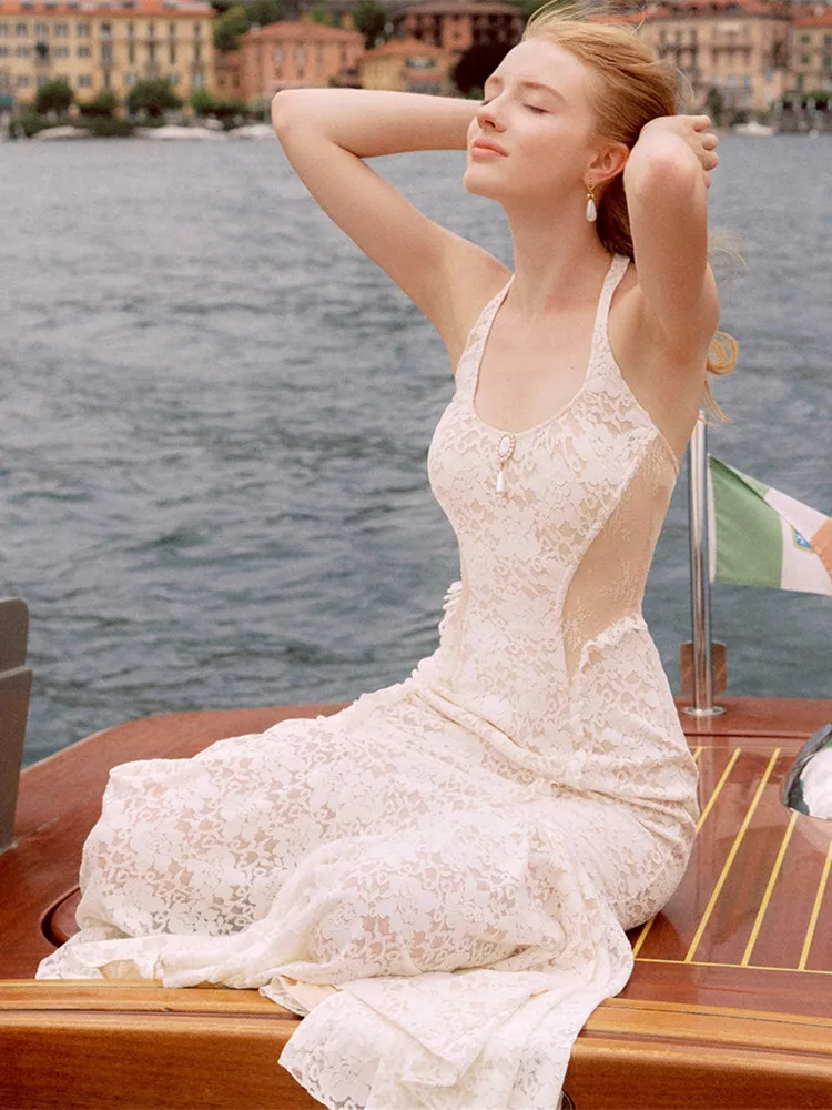 80-102cm Bust Summer Holiday Dresses Women Vintage Elegant Slim Sexy Backless Halterneck Fishtail Lace Birthday Party Long Dress