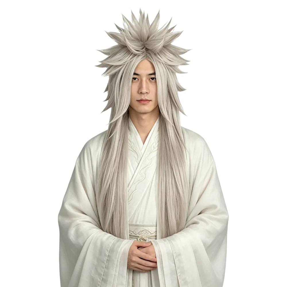 

Light Ash Gray Spiky Long Straight Ponytail Cosplay Wig Unisex Heat Resistant Synthetic Anime Wig for Halloween Party Costume