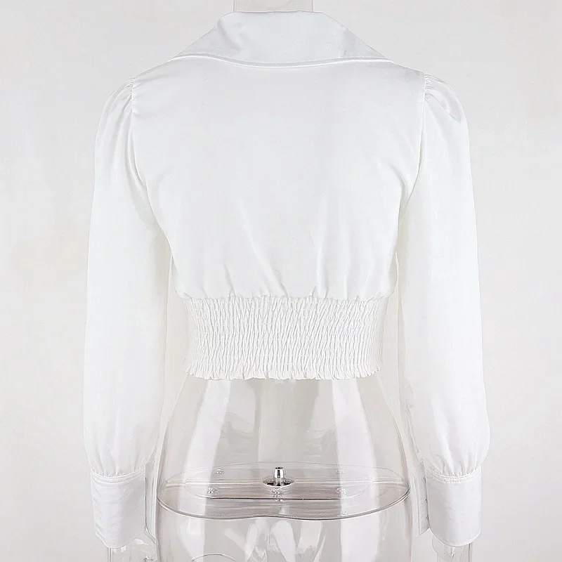 Women's Vintage White T-shirt Lapel Collar Solid Female Y2k Top Spring Summer Long Sleeve Sexy V-neck Bow Tie Long Sleeve Top