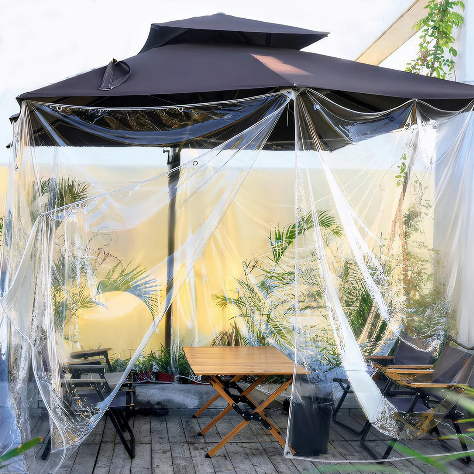 Waterproof Transparent PVC Tarpaulin with Eyelets Weatherproof Durable Canopies Foldable 0.39 mm Rain Cover for Garden Furniture